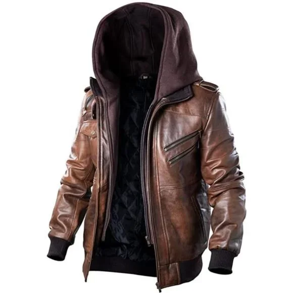 Men's Lambskin Jacket Genuine Leather Bomber Jacket with Removable Hood - Picture 1 of 5